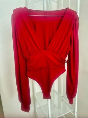 Red Long-Sleeve V-Neck Bodysuit